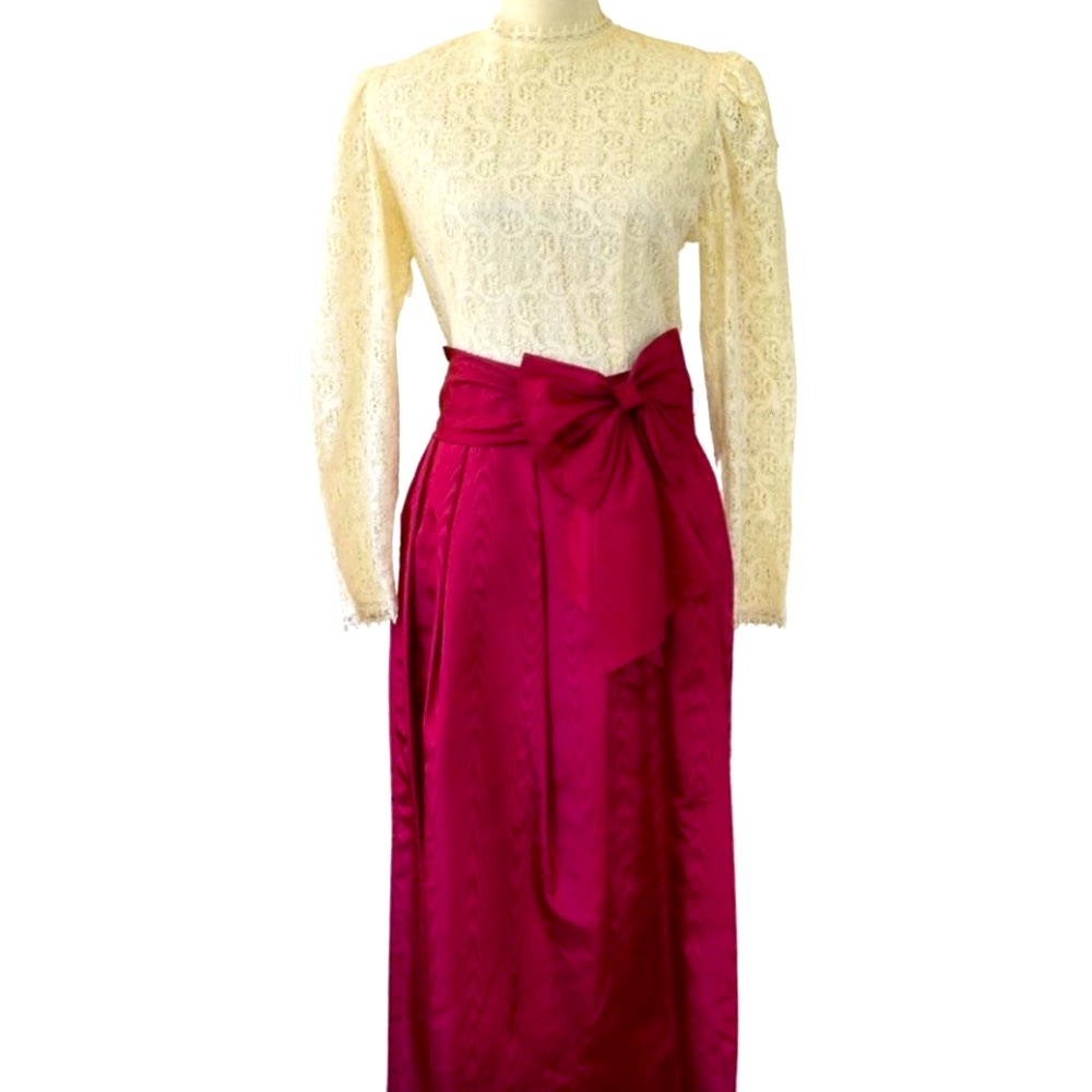 Vintage Lanz Cream and Raspberry Pink Victorian Style Midi Dress NWT